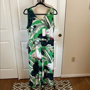 Carolina Belle Tropical Leaf Jumpsuit in Green and White